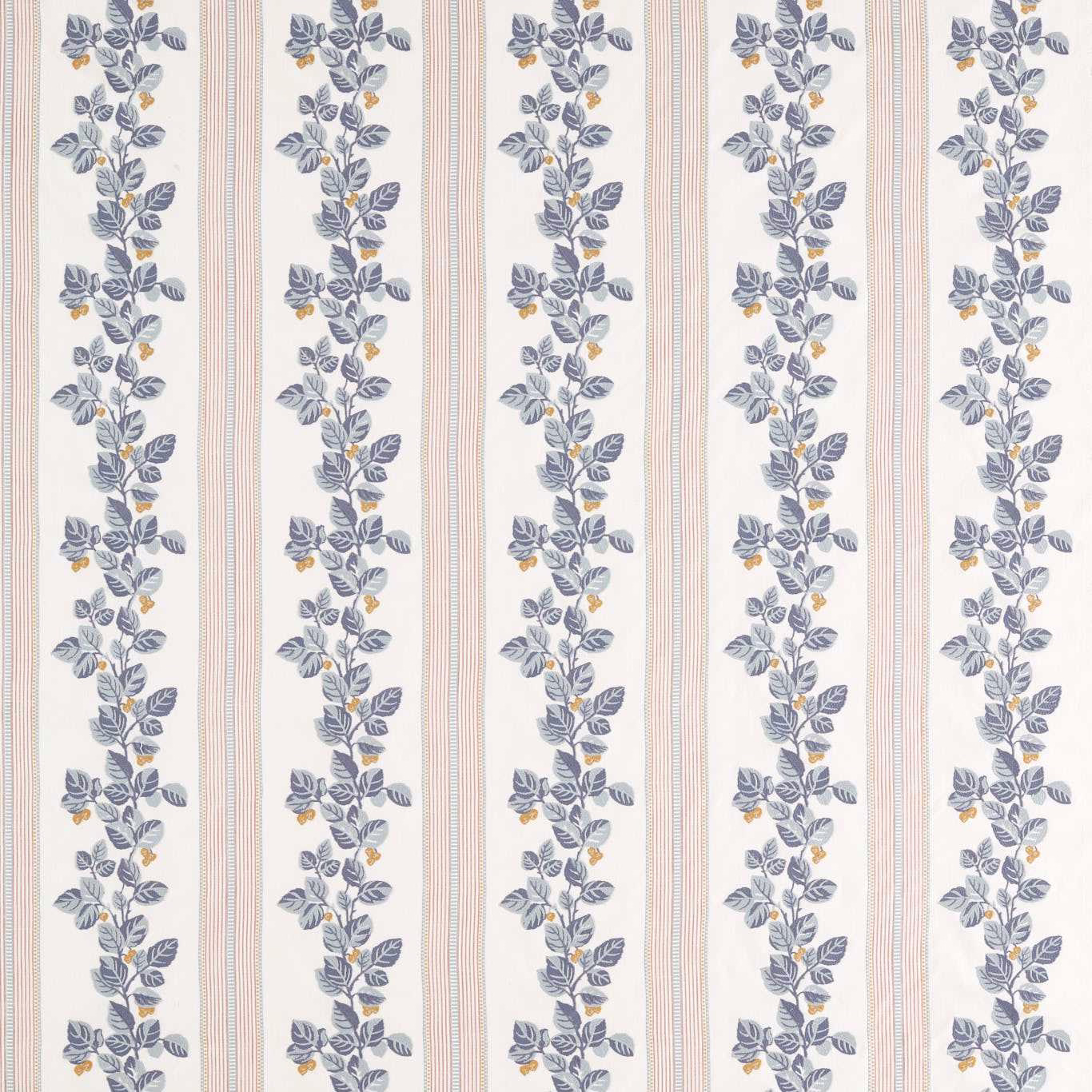 Vertical porcelain cream stripe fabric with blue-grey leaves and small blossom sprigs