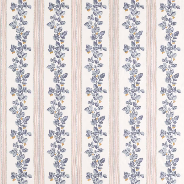Vertical porcelain cream stripe fabric with blue-grey leaves and small blossom sprigs