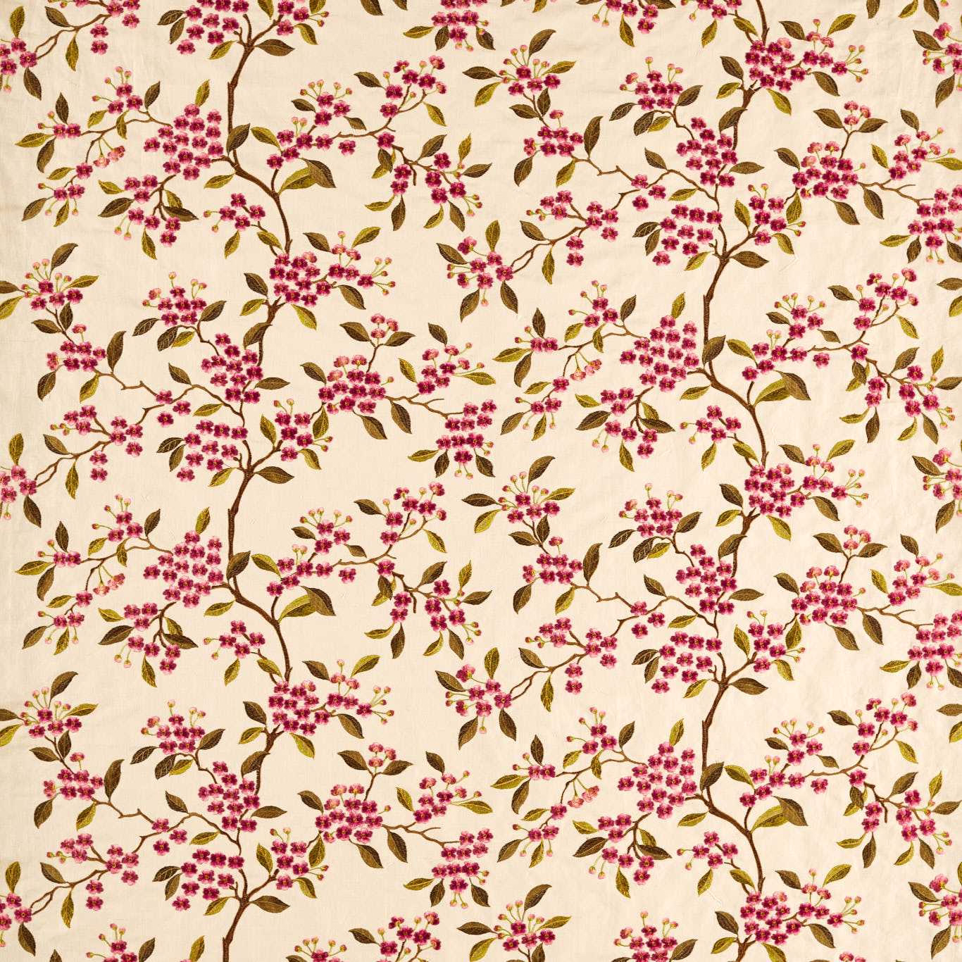 Cream fabric swatch with damson-pink blossom sprigs and olive leaves