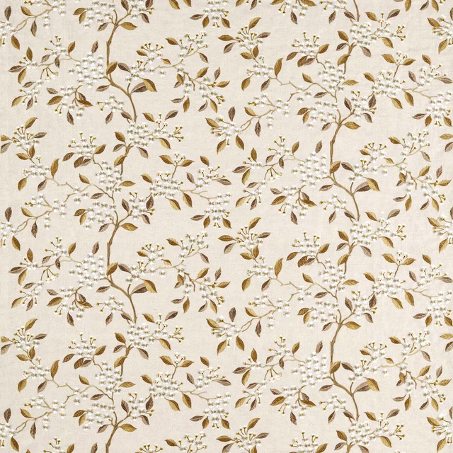 Cream botanical fabric with trailing brown leaves and small pale blossoms