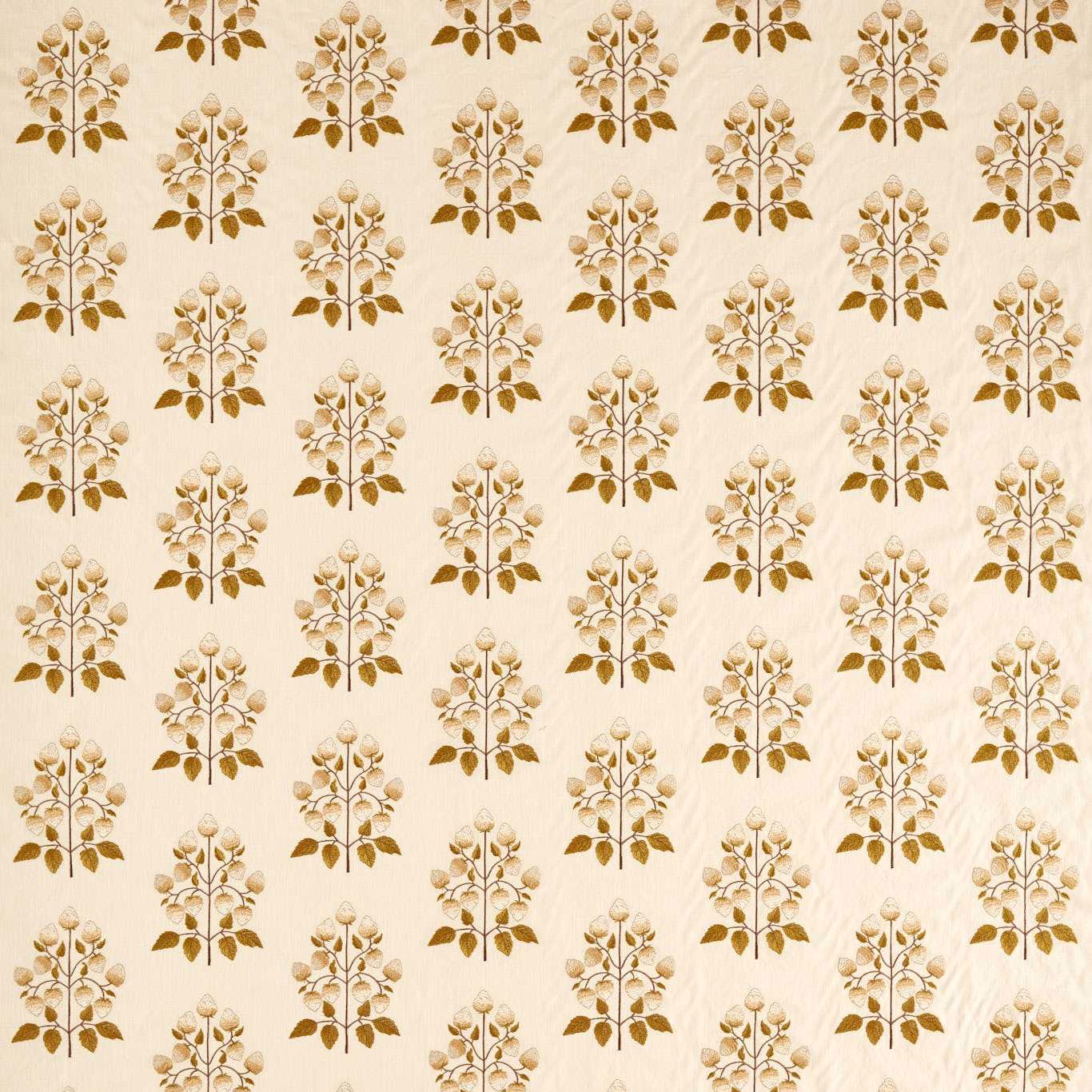 Cream fabric with repeating lichen-gold botanical sprigs and pale blossom heads