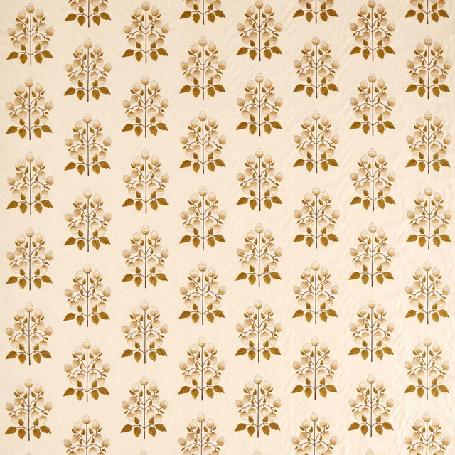 Cream fabric with repeating lichen-gold botanical sprigs and pale blossom heads