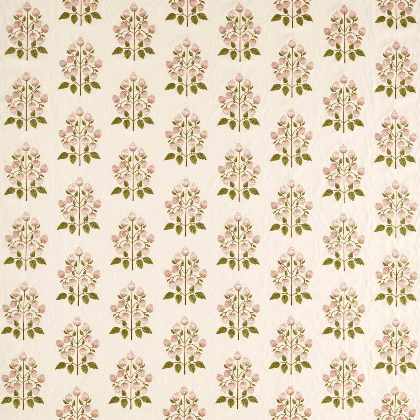 Cream botanical fabric with small pink flower sprigs and olive leaves