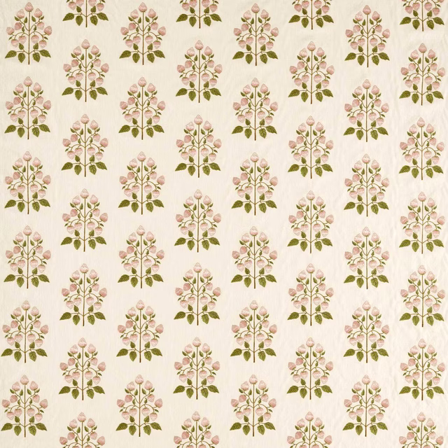 Cream botanical fabric with small pink flower sprigs and olive leaves