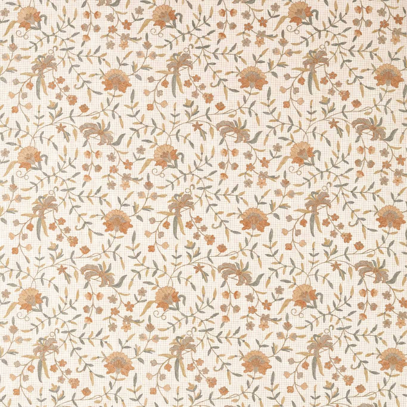 Warm greige floral fabric with apricot blossoms and olive trailing stems