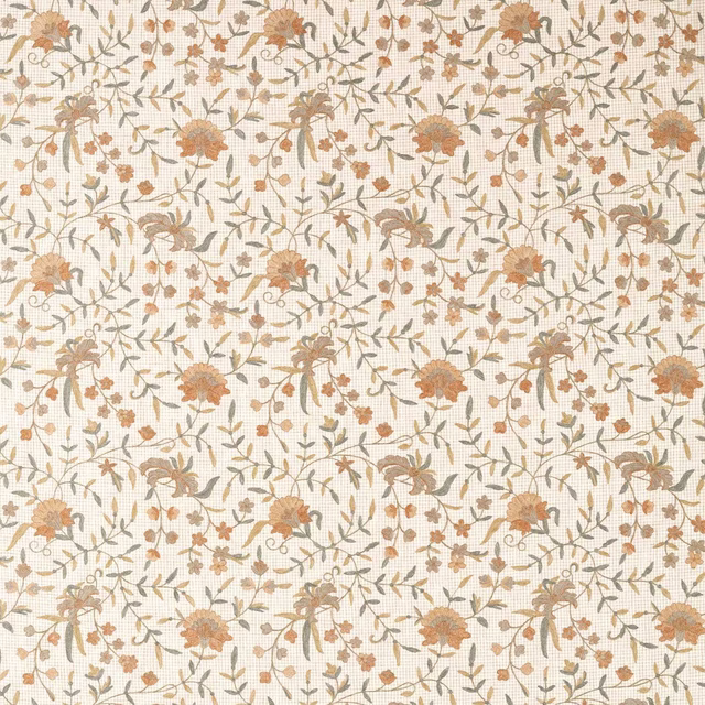 Warm greige floral fabric with apricot blossoms and olive trailing stems