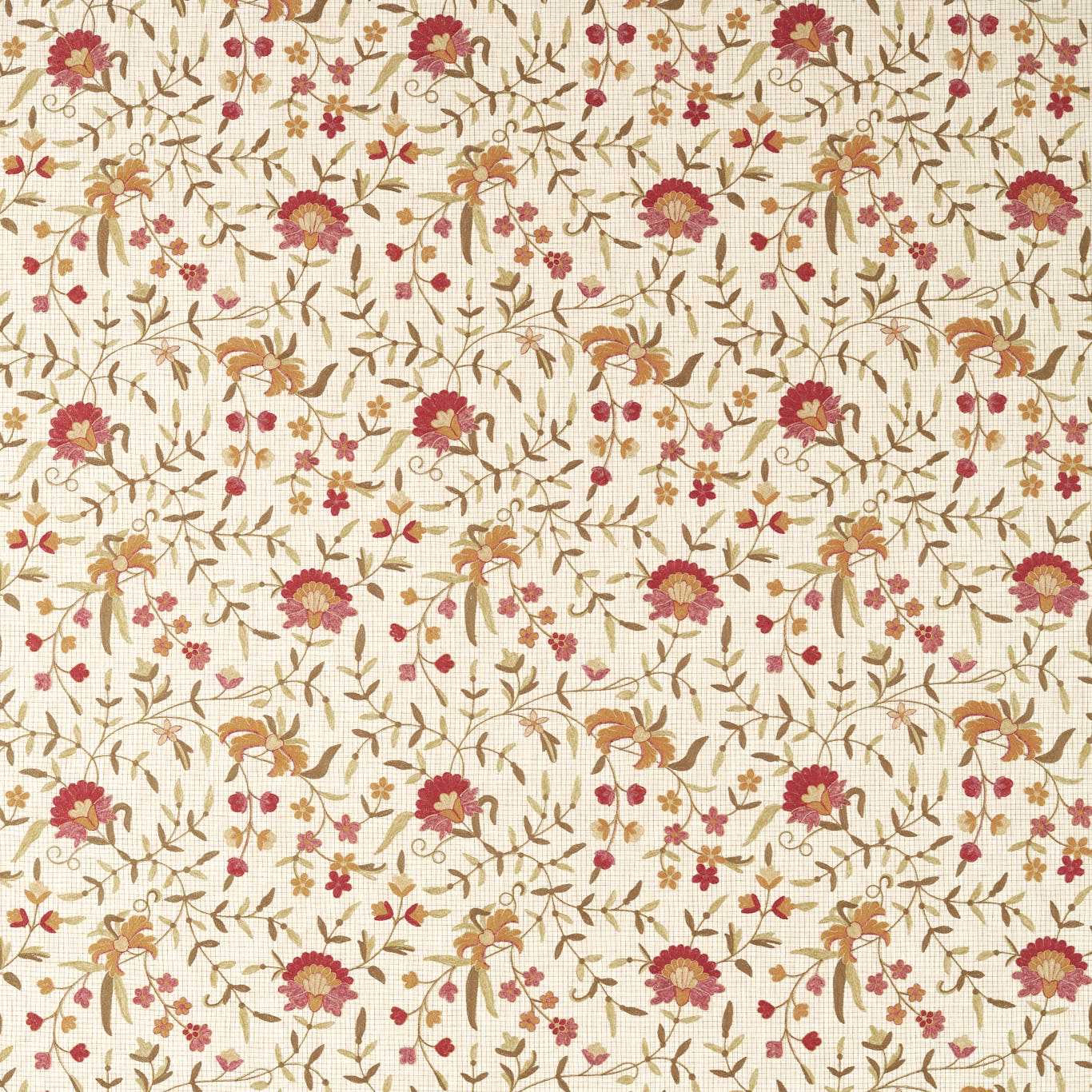 Cream-gold floral fabric with pink and maple blossom on a fine woven ground