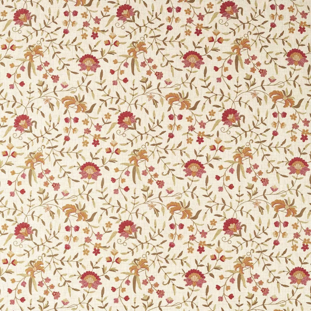 Cream-gold floral fabric with pink and maple blossom on a fine woven ground