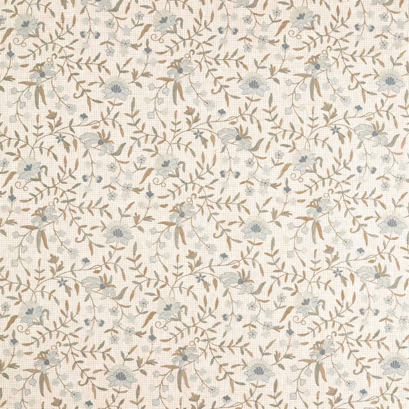 Porcelain cream floral fabric with thyme leaves and pale blue-grey blossoms