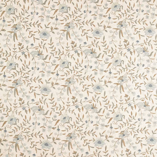 Porcelain cream floral fabric with thyme leaves and pale blue-grey blossoms