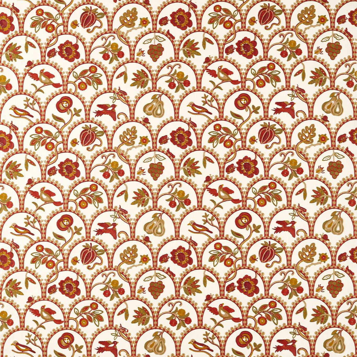 Scalloped fruit and bird motif fabric in cream, russet, gold and olive