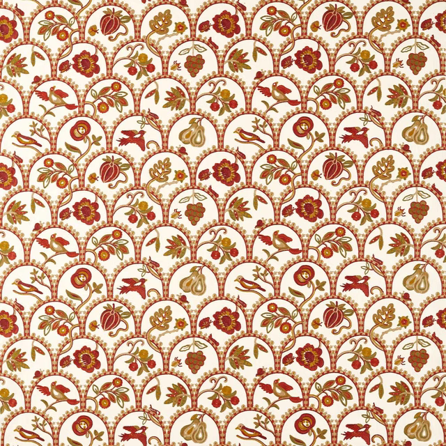 Scalloped fruit and bird motif fabric in cream, russet, gold and olive