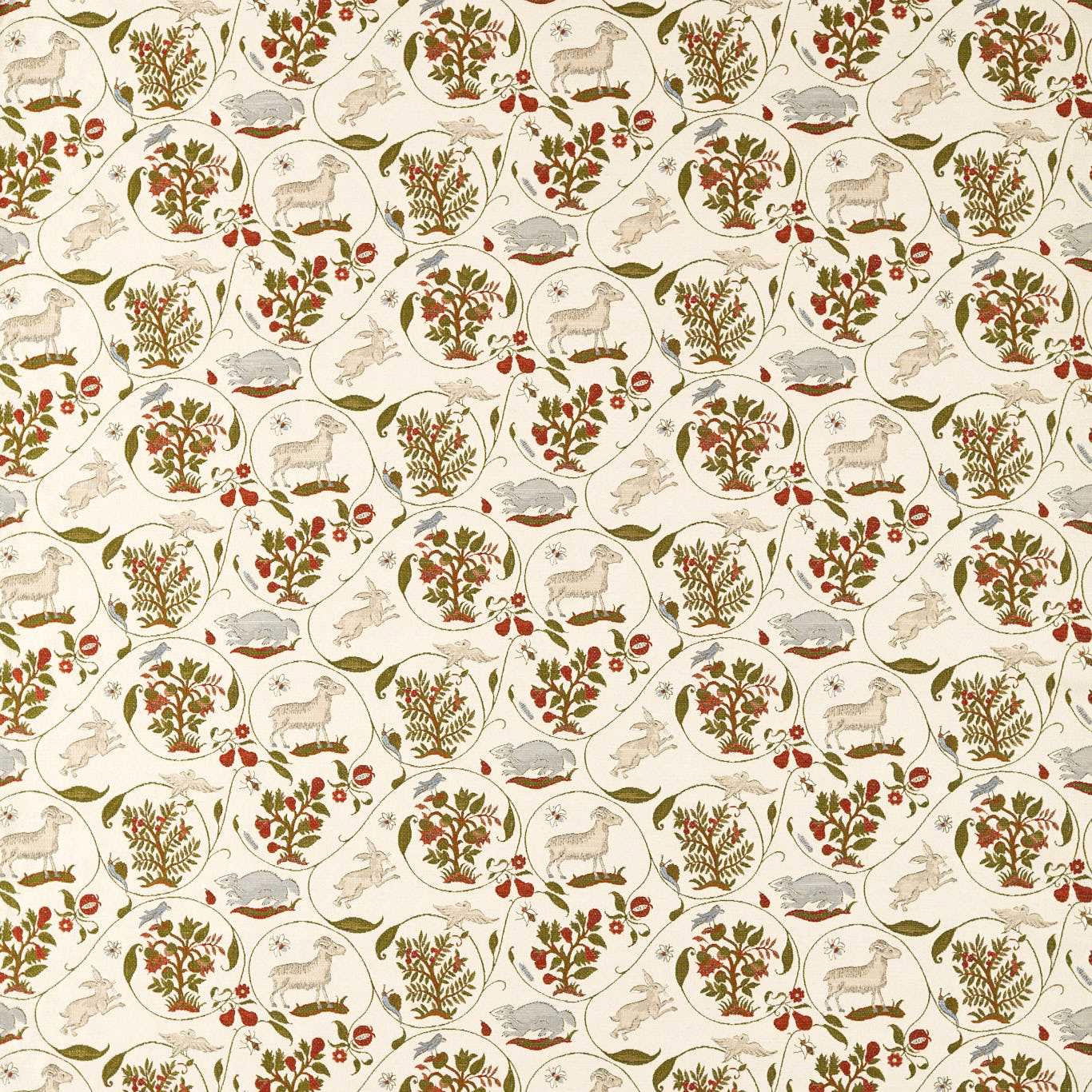 Cream chintz fabric with sheep, fruiting branches and small animal motifs in repeating medallions