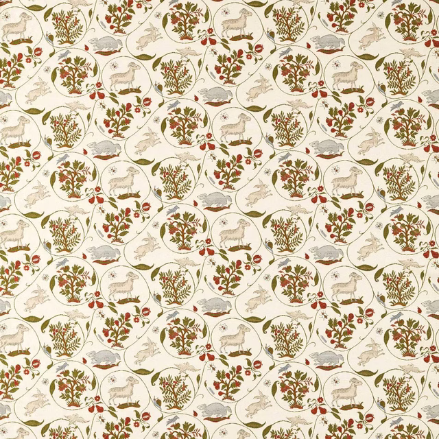 Cream chintz fabric with sheep, fruiting branches and small animal motifs in repeating medallions