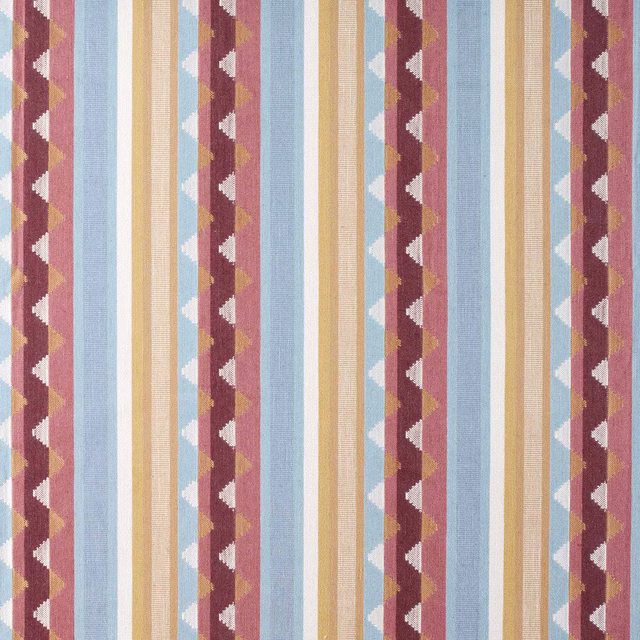 Vertical damson and medlar striped woven fabric with zig-zag accents