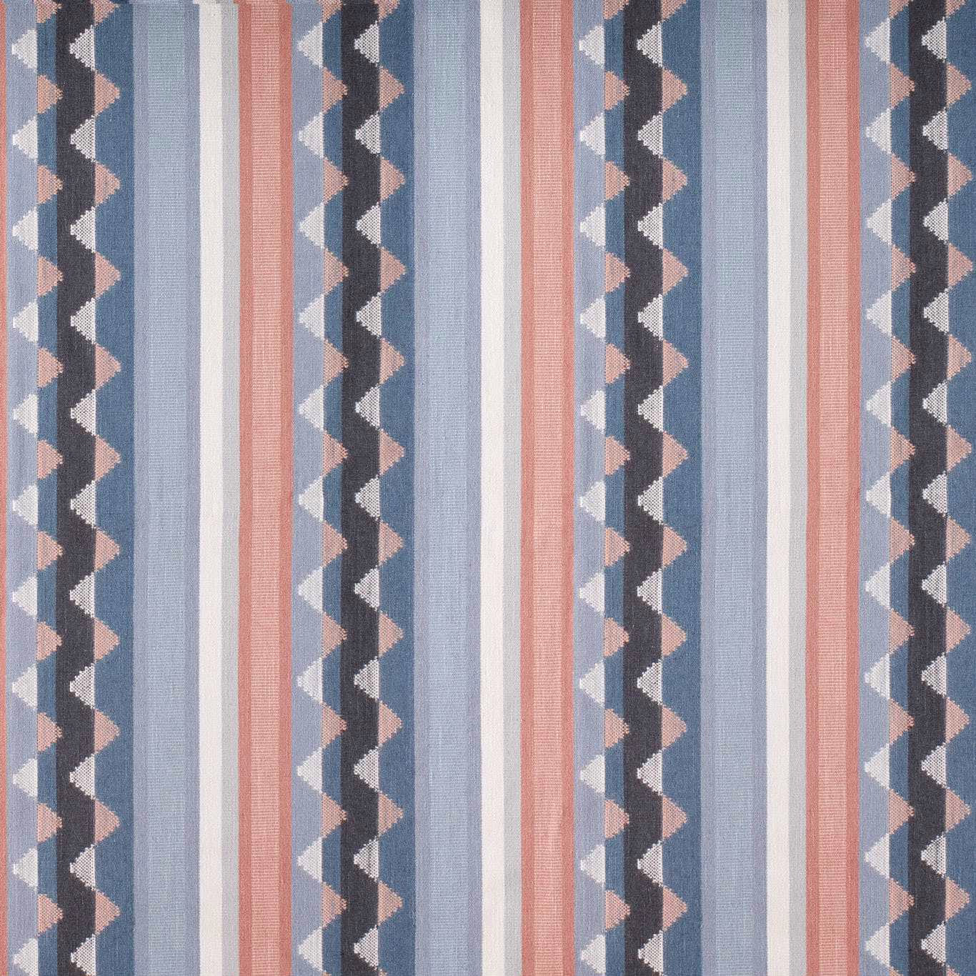 Blue and pink striped woven fabric with narrow zigzag bands
