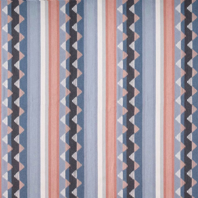 Blue and pink striped woven fabric with narrow zigzag bands