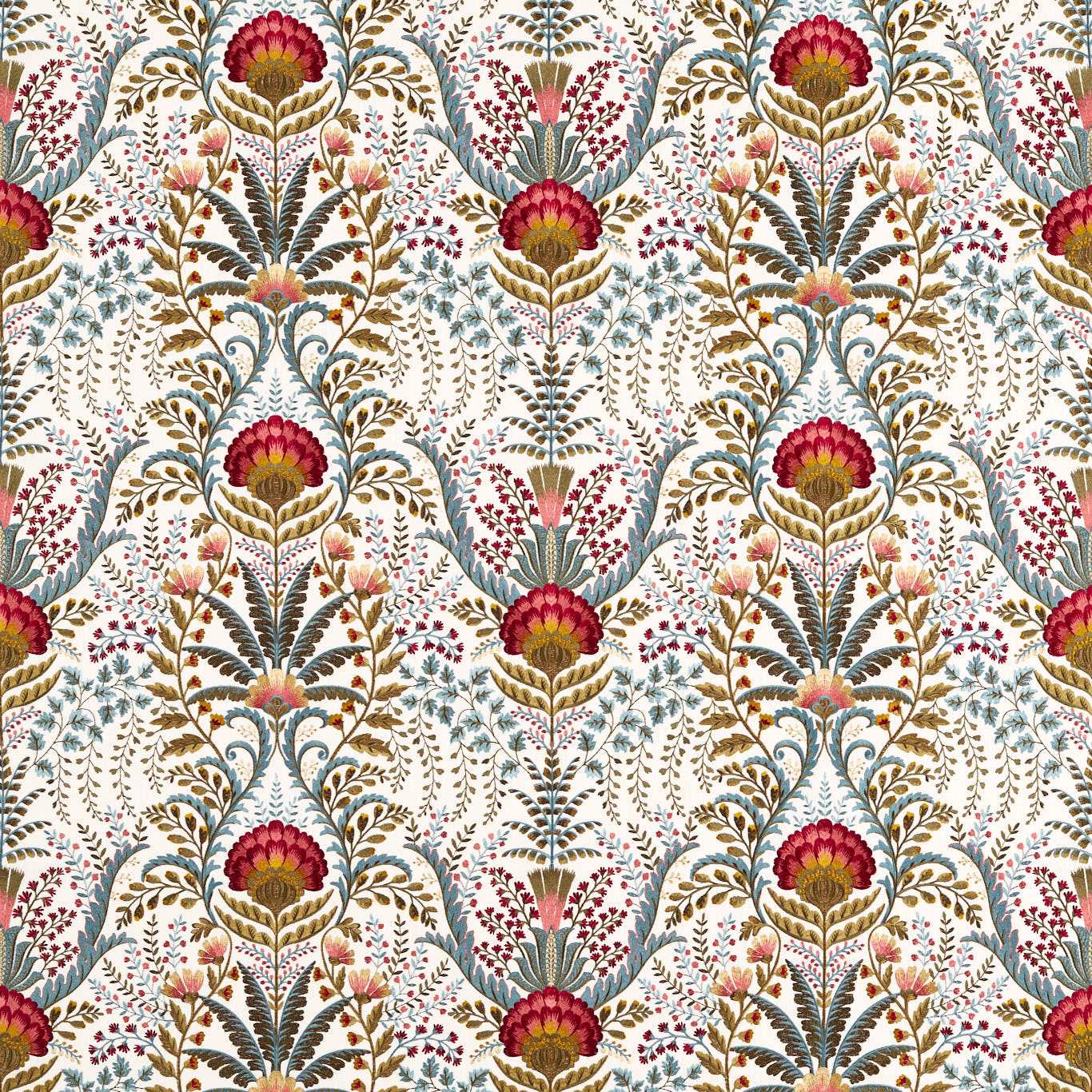 Swatch of floral chintz fabric on a warm ivory ground with red and teal botanical motifs