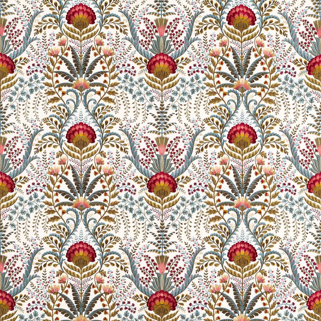 Swatch of floral chintz fabric on a warm ivory ground with red and teal botanical motifs