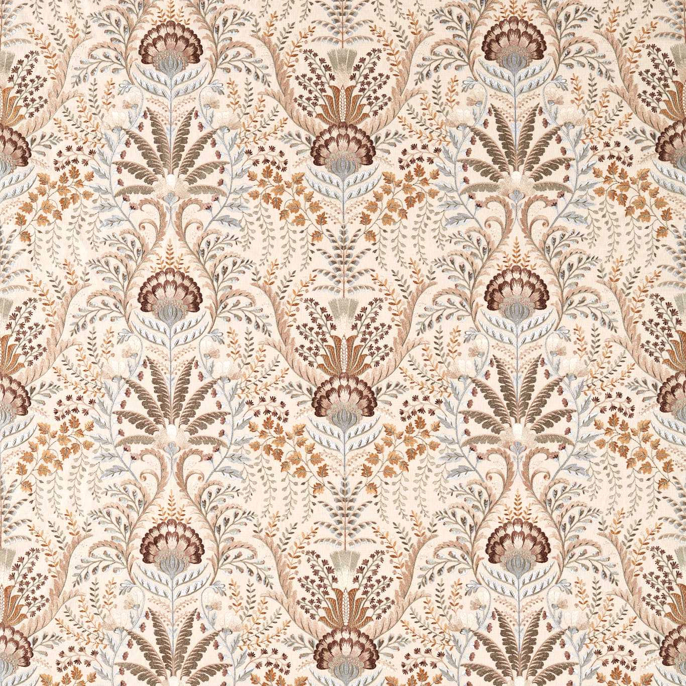 Botanical woven fabric in warm beige, brown and sage repeat pattern