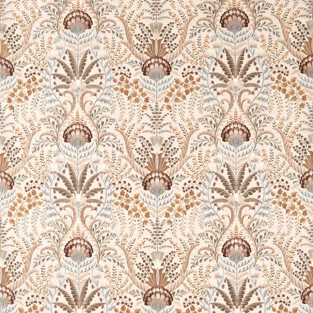 Botanical woven fabric in warm beige, brown and sage repeat pattern