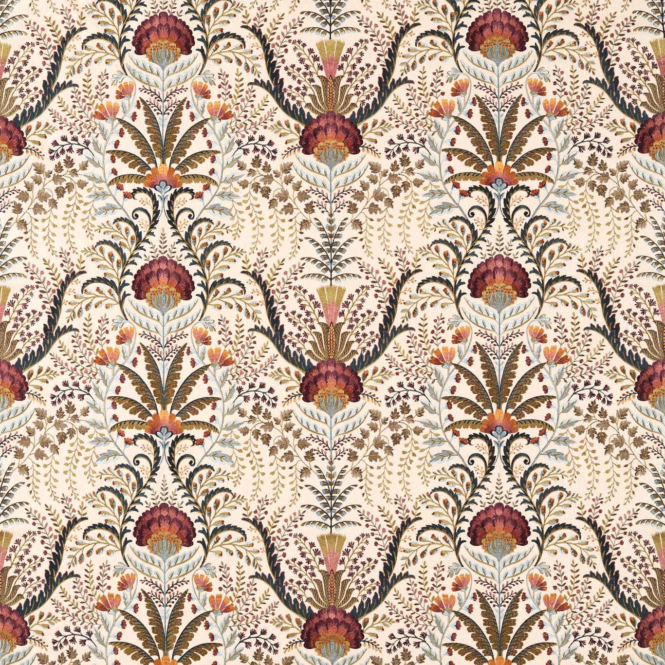 Cream floral fabric with plum blooms, olive leaves and intricate botanical vines