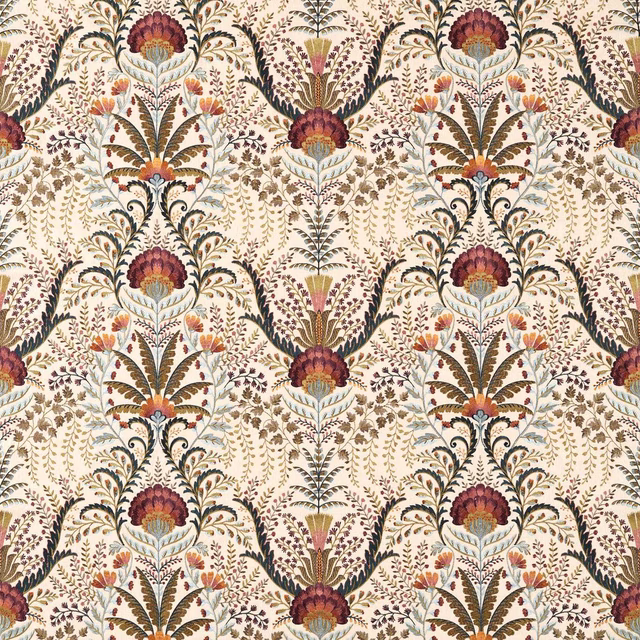 Cream floral fabric with plum blooms, olive leaves and intricate botanical vines