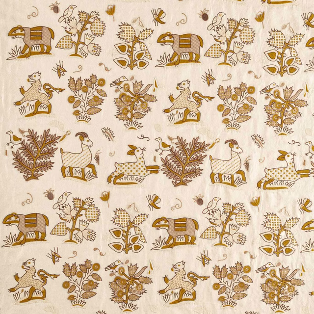 Cream fabric swatch with harvest-gold embroidered animals, birds and foliage