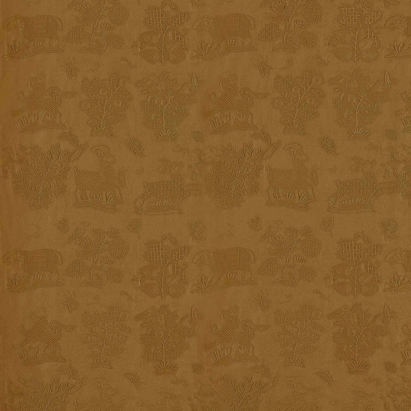 Mustard-gold embroidered fabric with medieval figures and foliage motif