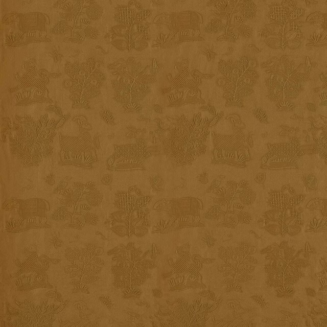 Mustard-gold embroidered fabric with medieval figures and foliage motif