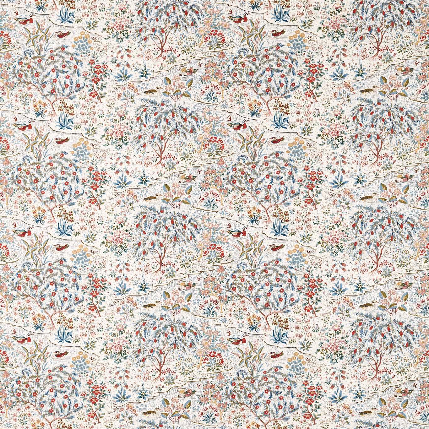 Printed fabric swatch with pale ground, soft blue trees and clay-red birds