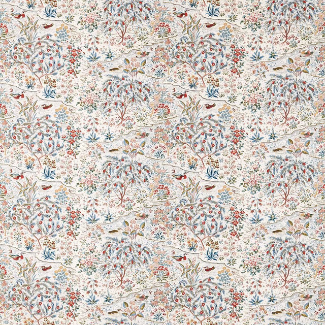 Printed fabric swatch with pale ground, soft blue trees and clay-red birds