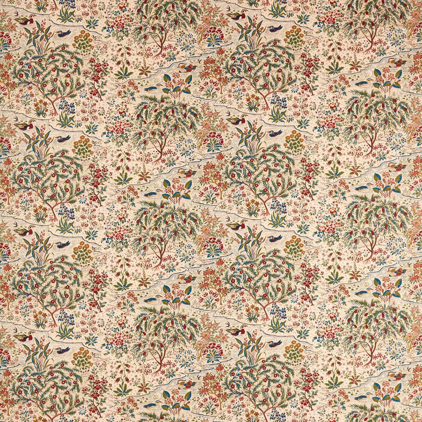 Cream floral fabric with damson trees, cobalt birds and green foliage