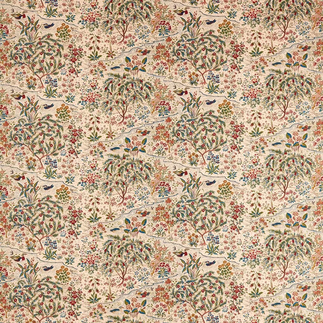 Cream floral fabric with damson trees, cobalt birds and green foliage
