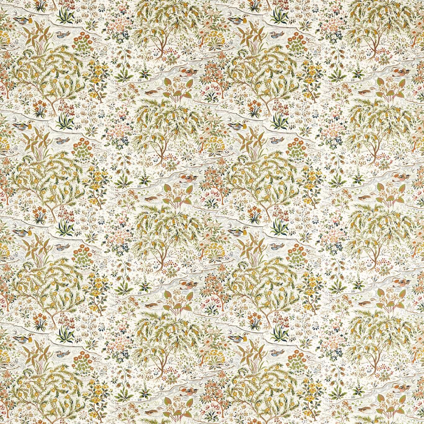 Cream botanical fabric with birds, trees and harvest-toned foliage