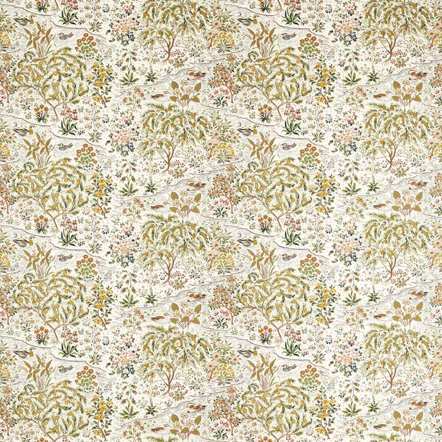 Cream botanical fabric with birds, trees and harvest-toned foliage