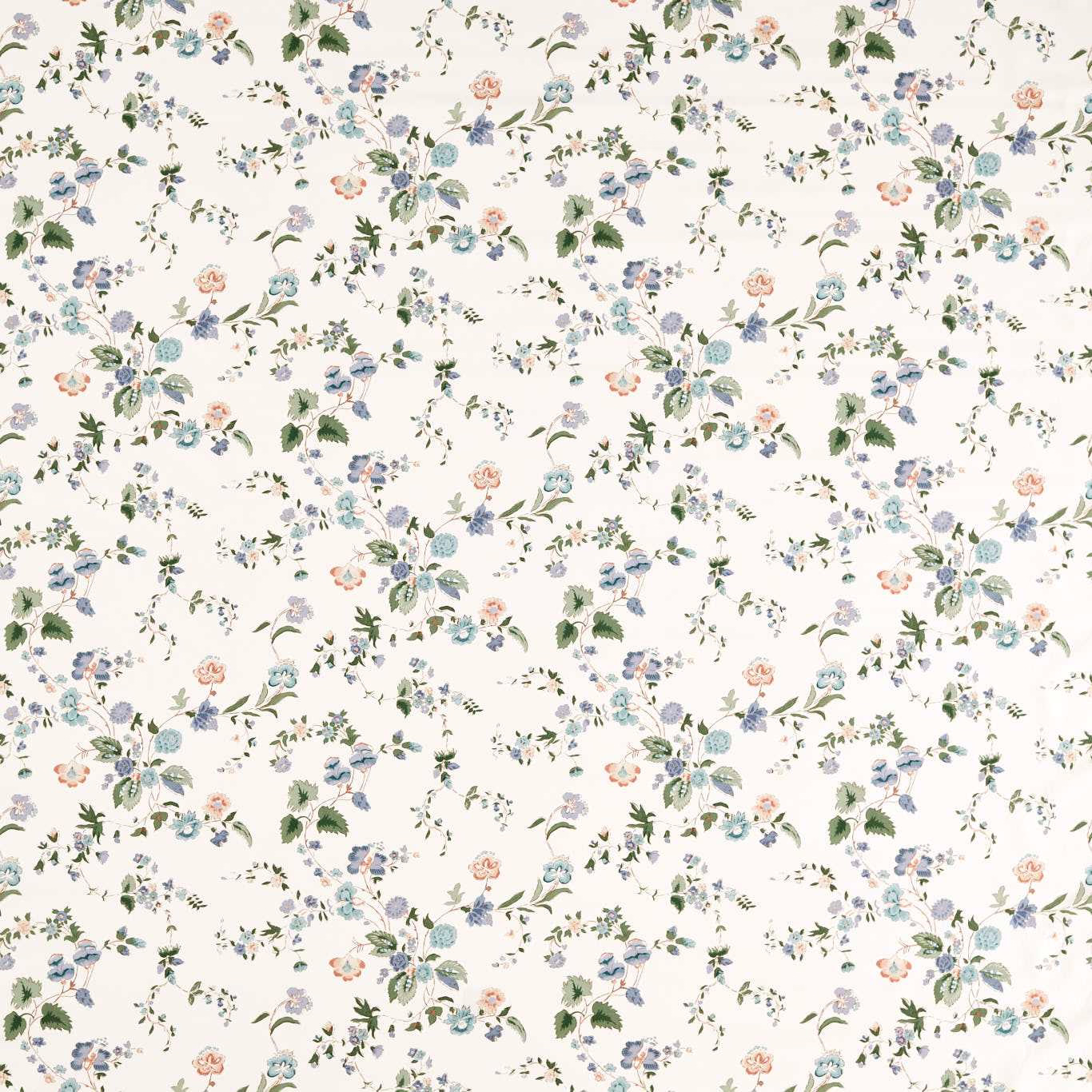 Cream ground fabric with scattered cornflower blue and mauve floral sprays
