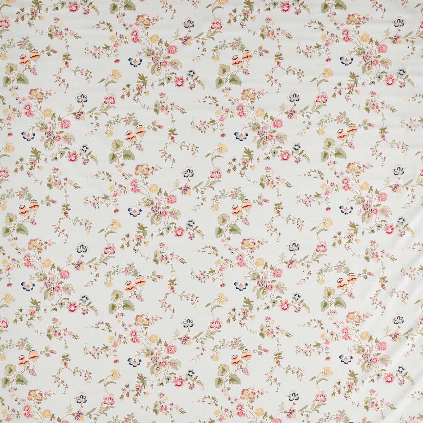 Porcelain cream floral fabric with small pink, yellow, olive and blue blossoms