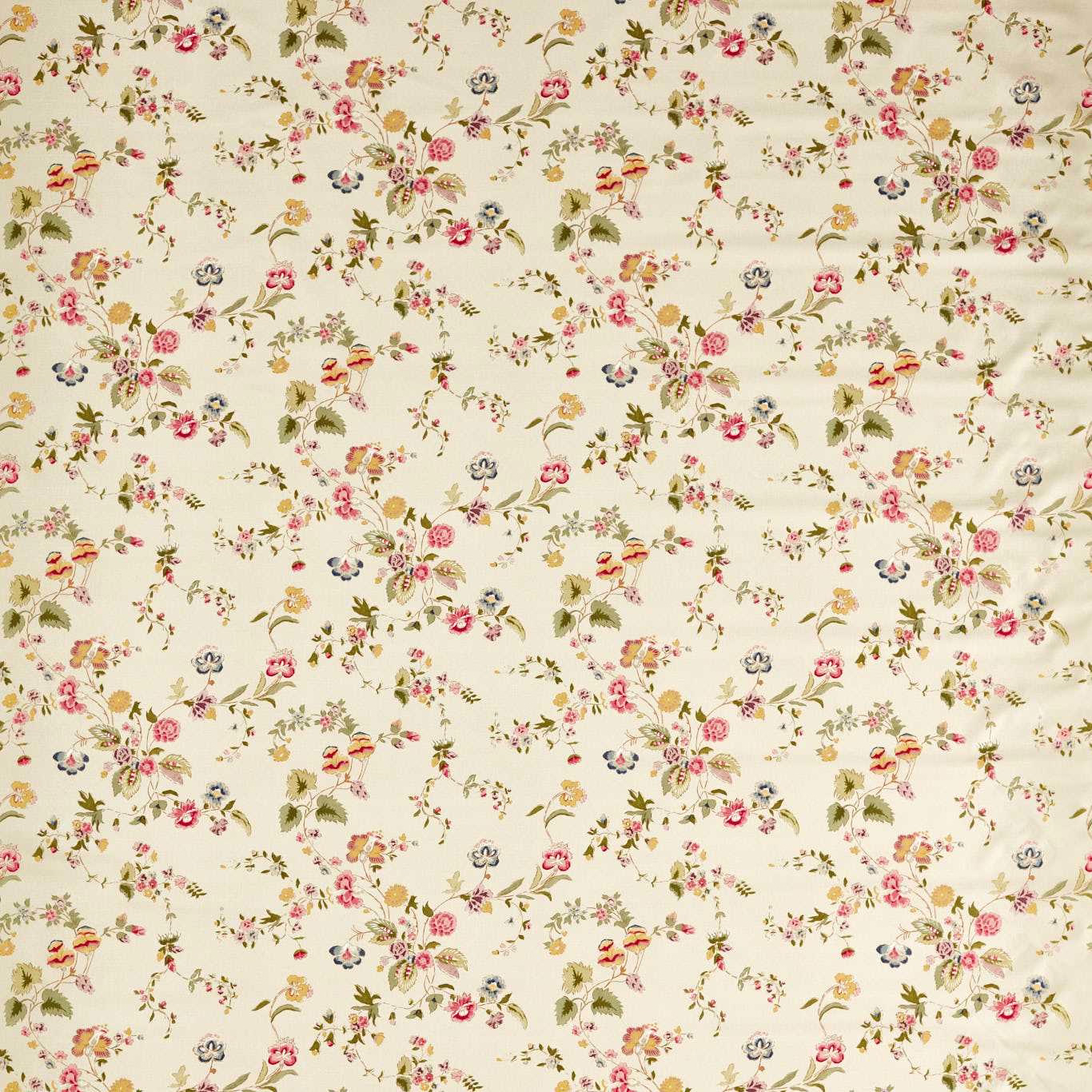 Cream floral fabric with sage leaves and pink blossom sprigs