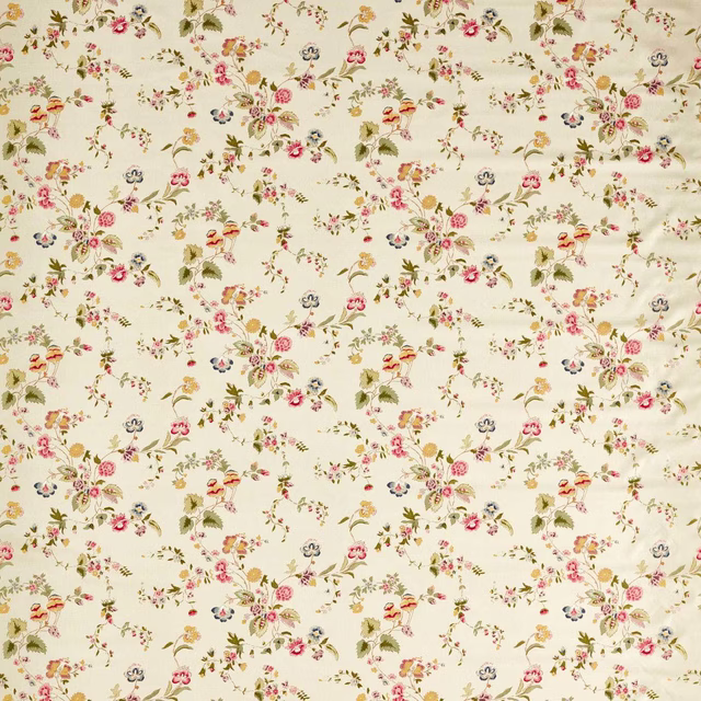 Cream floral fabric with sage leaves and pink blossom sprigs