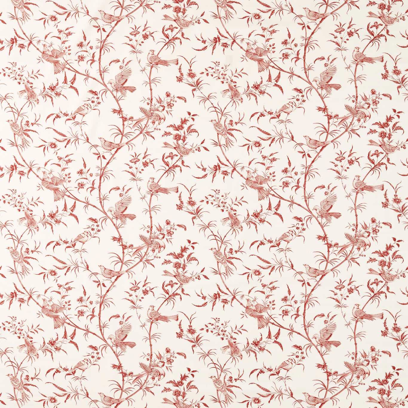 Madder red bird-and-botanical toile pattern on a cream ground