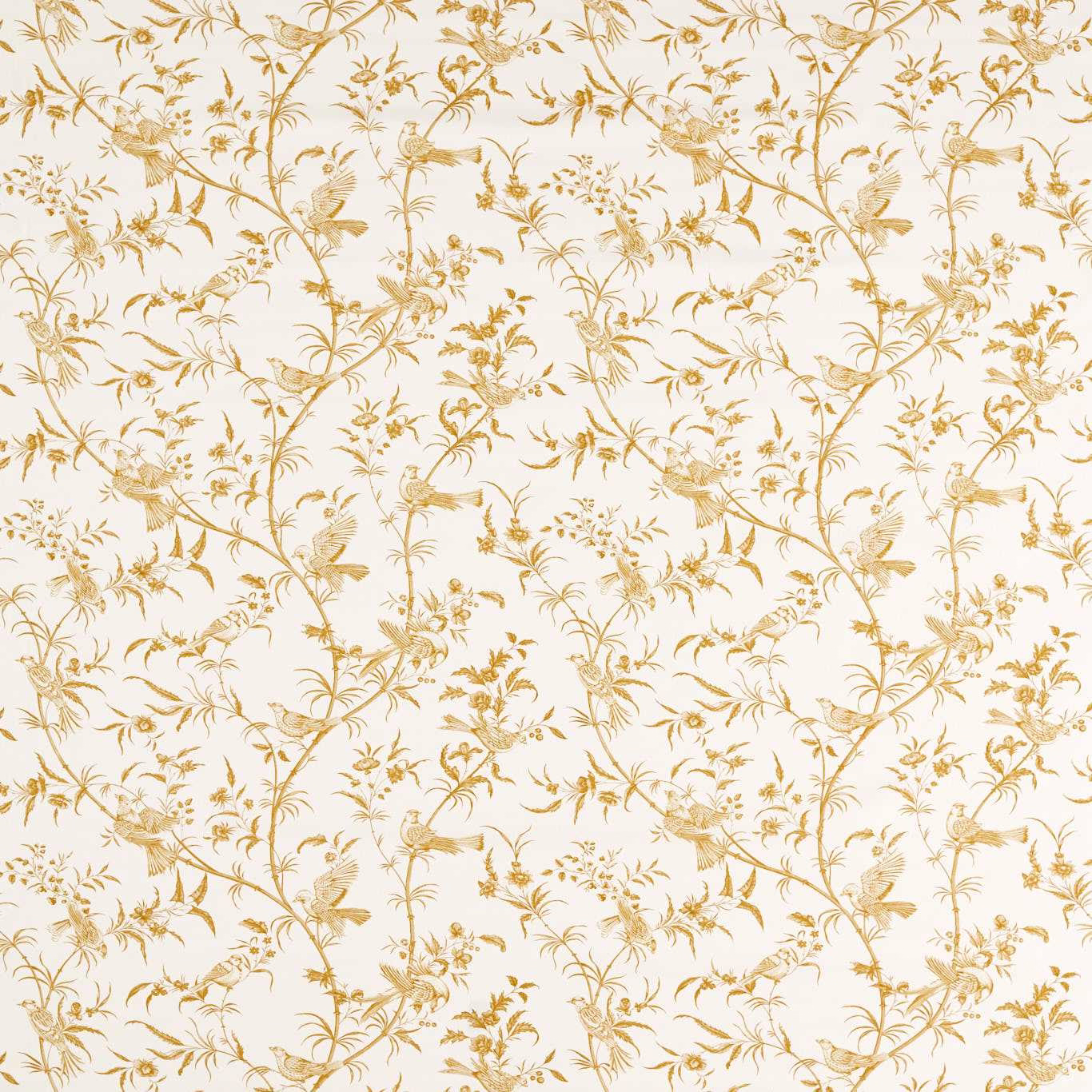 Mustard-gold bird and foliage toile on a pale ground
