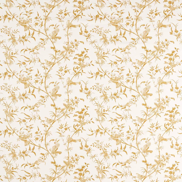 Mustard-gold bird and foliage toile on a pale ground