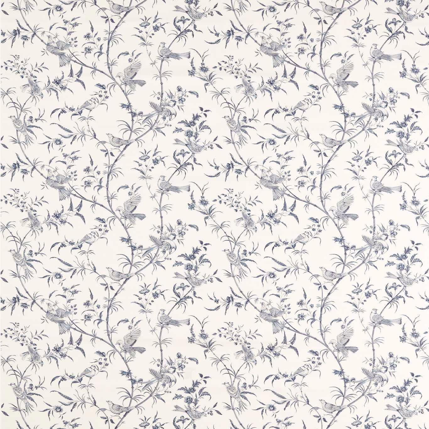 Cream toile fabric with woad-blue birds, branches and flowering stems