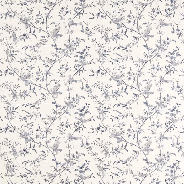 Cream toile fabric with woad-blue birds, branches and flowering stems