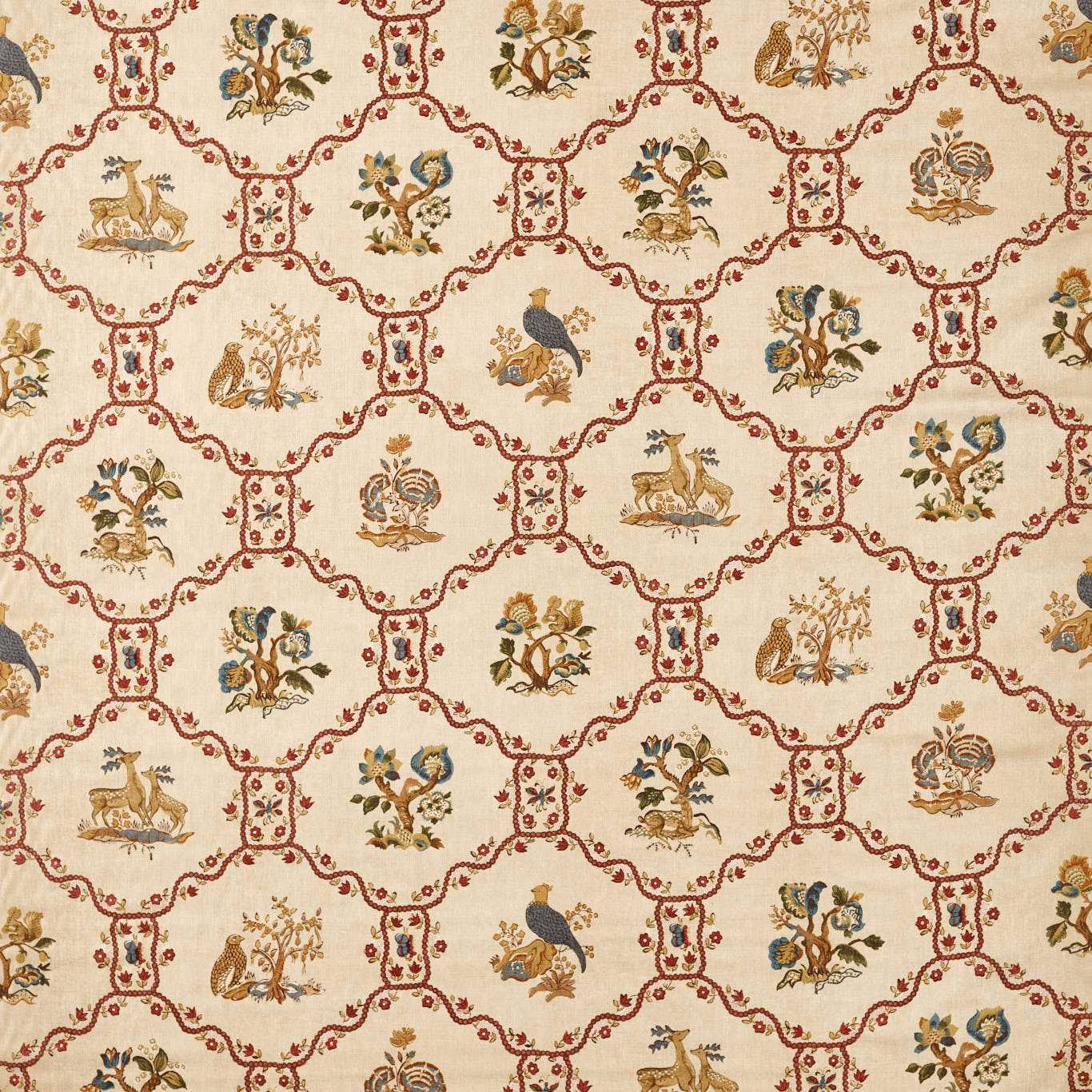 Patterned fabric swatch with wheat ground, fig-red lattice and small animal motifs