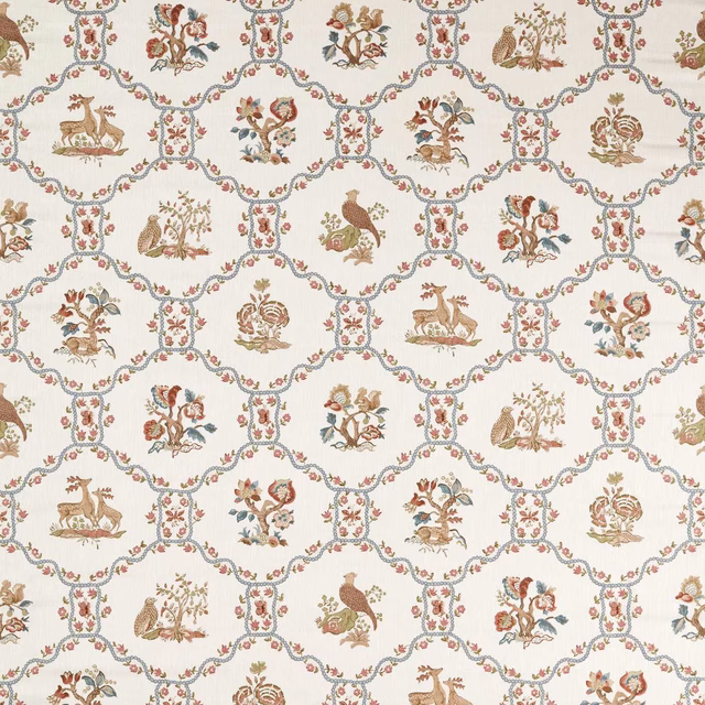 Cream fabric with repeating partridge, pear and floral garland motif