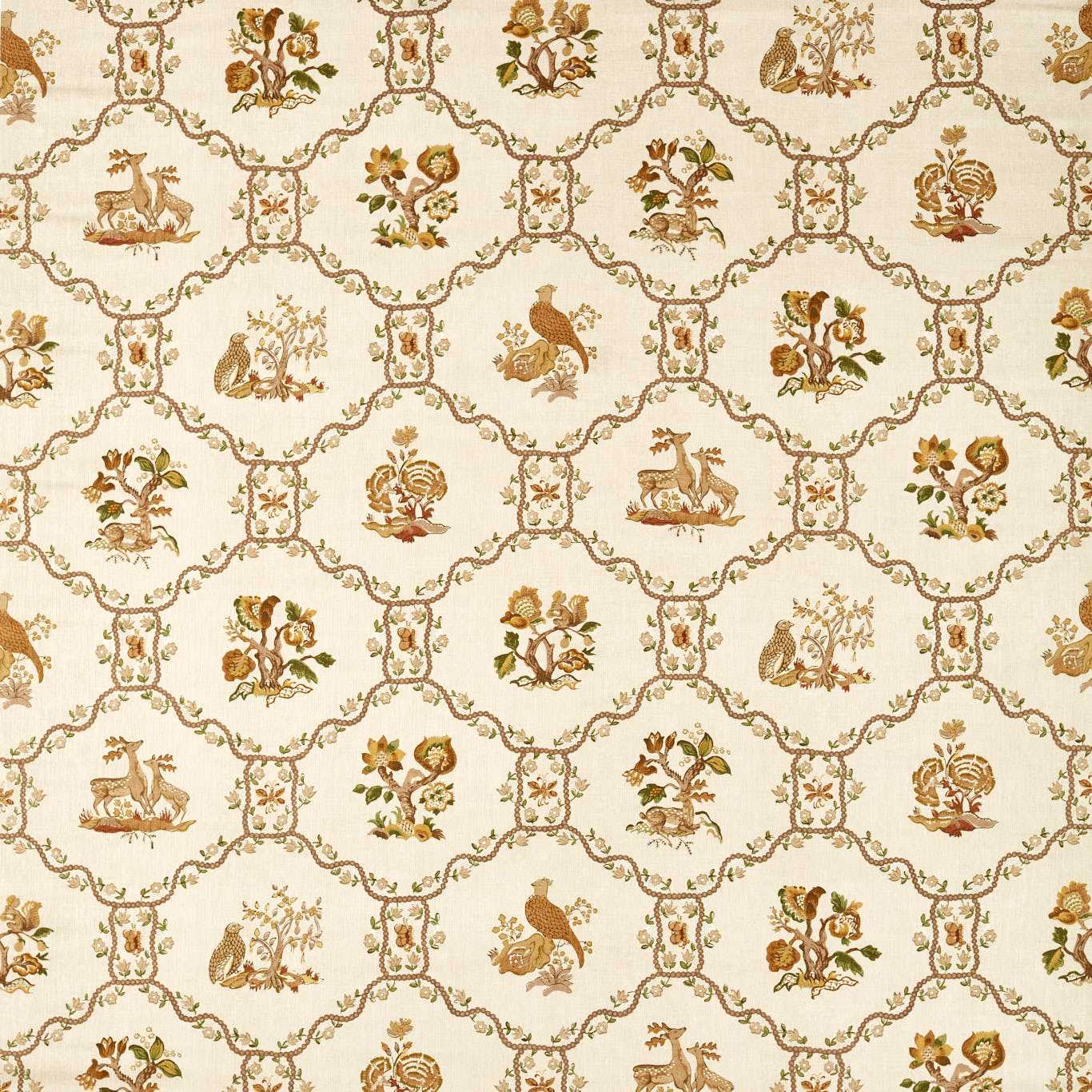Cream fabric with walnut damask trellis and bird-and-pear motifs