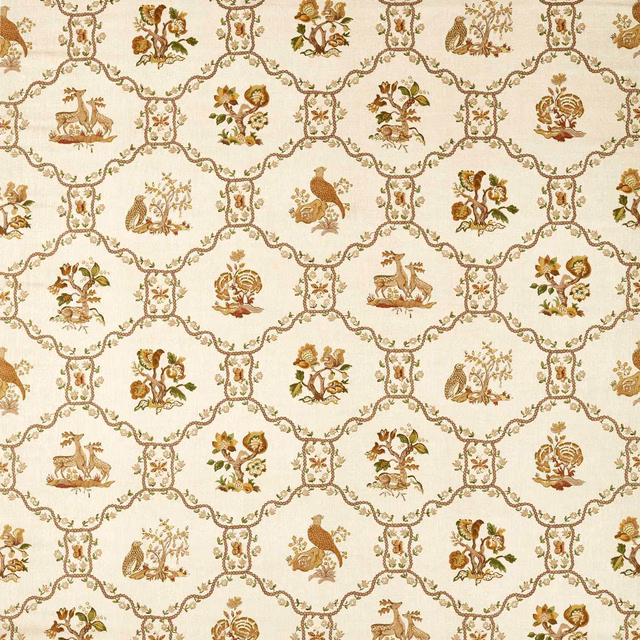 Cream fabric with walnut damask trellis and bird-and-pear motifs