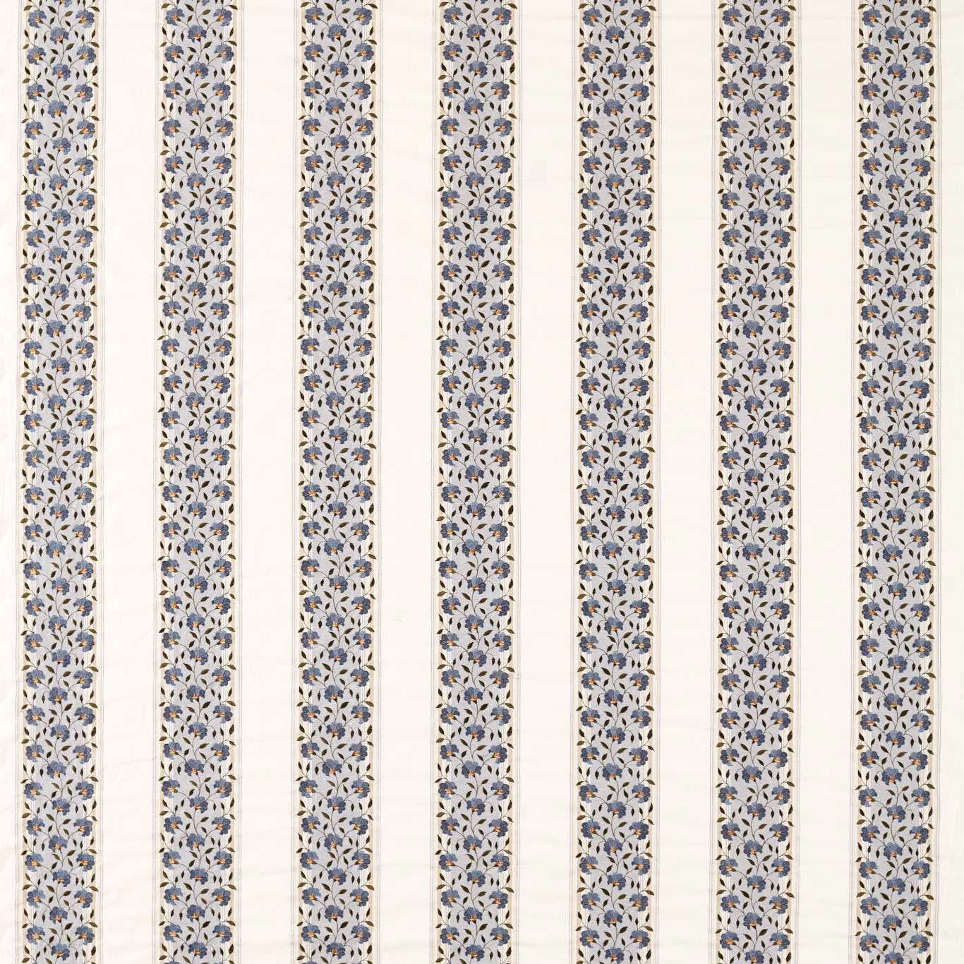 Vertical floral stripe fabric in cream and woad blue with fine leafy detailing